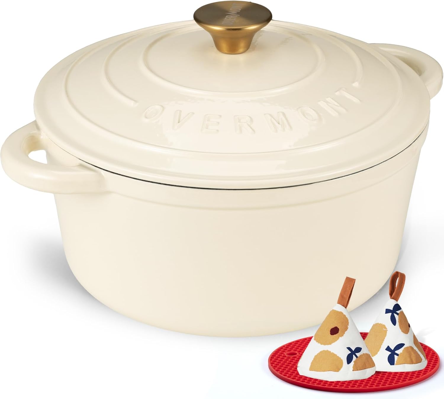 Overmont Enameled Cast Iron Dutch Oven - 7QT Heavy-Duty Pot with Lid & Cookbook | Cream White