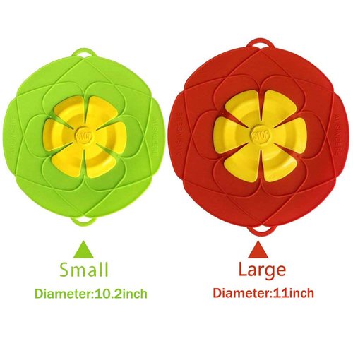 AUSINCERE Spill Stopper Lid, Anti Spill & Boil Over Safeguard, Silicone Pot Cover, Multi-Function Kitchen Tool (11"(Red)+10.2“(Green))