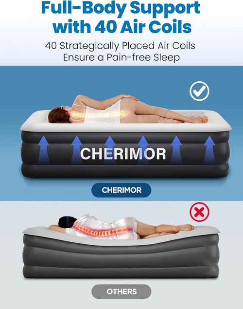 CHERIMOR Queen Air Mattress - 18" Raised Comfort with Built-In Pump | Leak-Proof Design, Supports 800 lbs