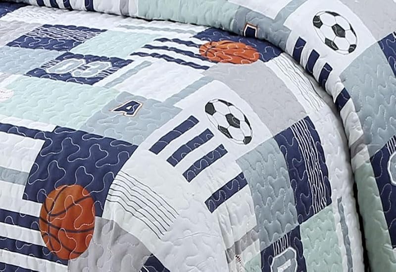 Twin Bedspread Set, Kids Sports Aqua Blue Quilt and Pillow Shams