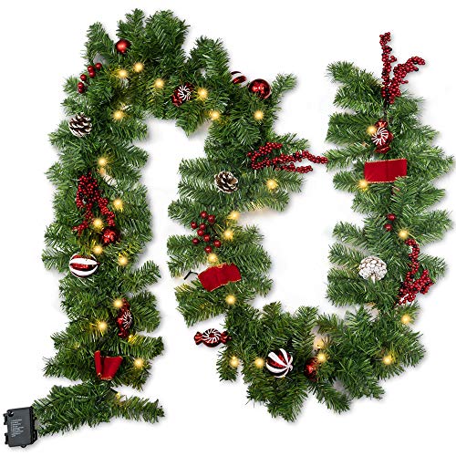 FUNPENY 9ft Pre-Lit Artificial Christmas Garland with 50 LEDs, Red, 8 Modes