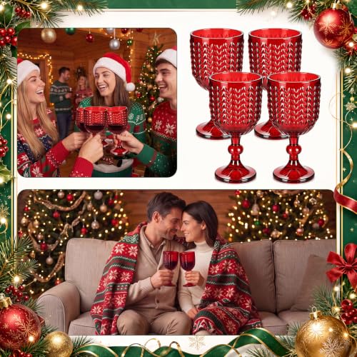 Ferrochef Christmas Red Wine Glasses, Set of 6 - 12 oz Embossed Goblets, Red Variation 6