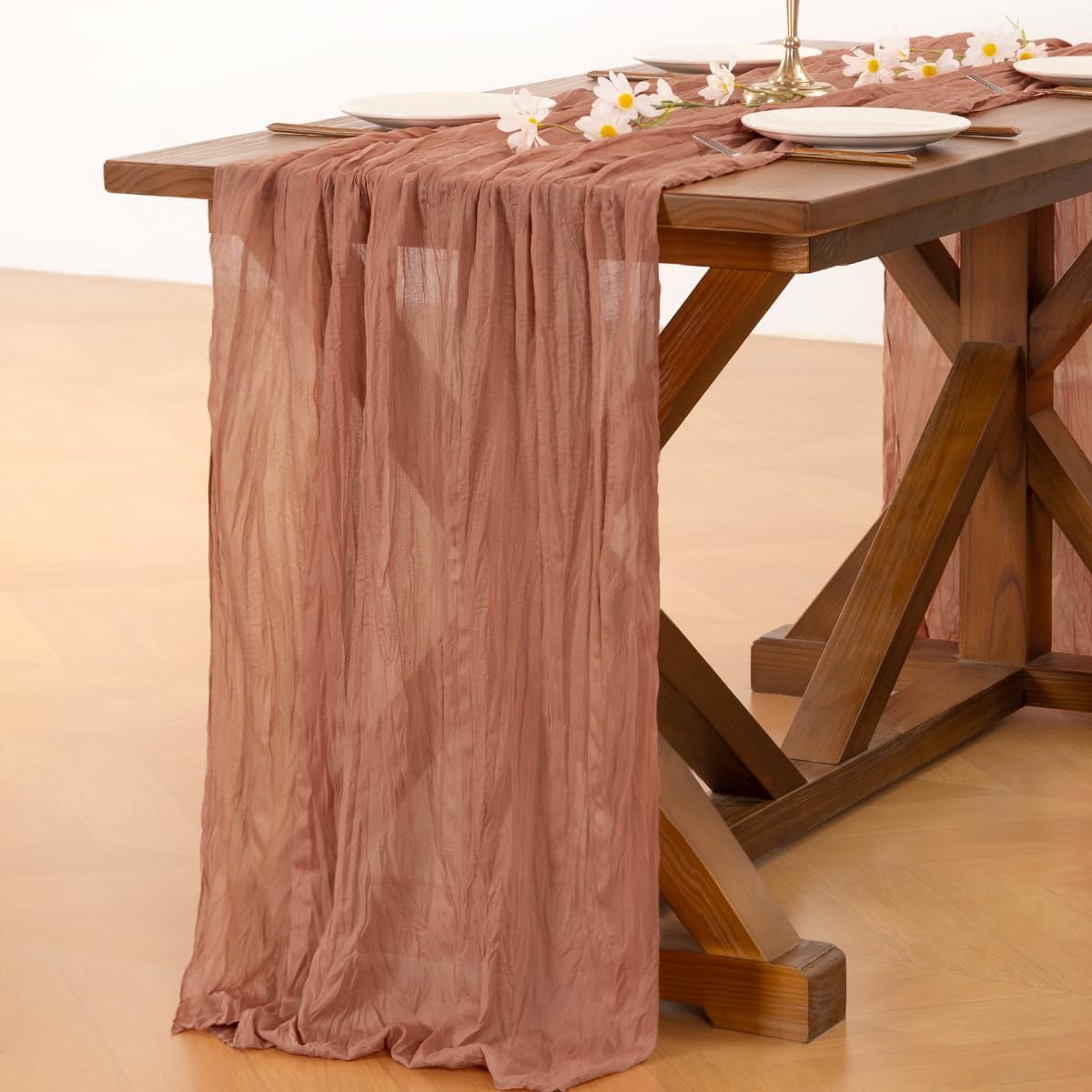 Socomi Cheesecloth Table Runner - 120 Inch Dusty Rose Boho Rustic Design for Weddings & Events