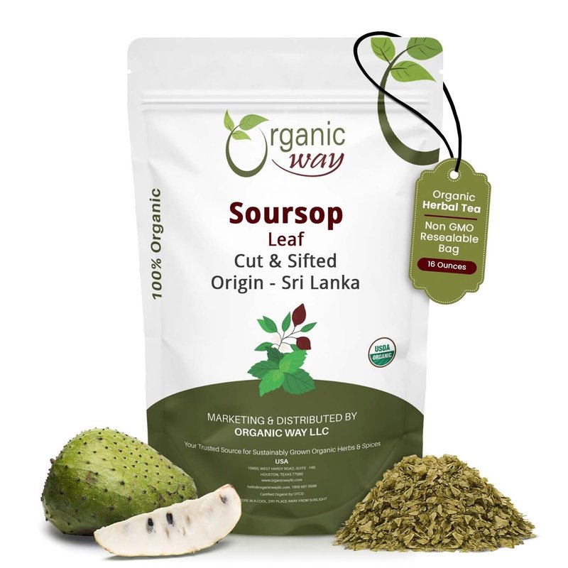 Organic Way Dried Soursop Leaf Coarse Cut (Annona Muricata) - Herbal Tea | Vegan, Non GMO & Gluten Free | Kosher Certified & Resealable Bag | 100% Raw from Sri Lanka (1Lb, 16 Oz)