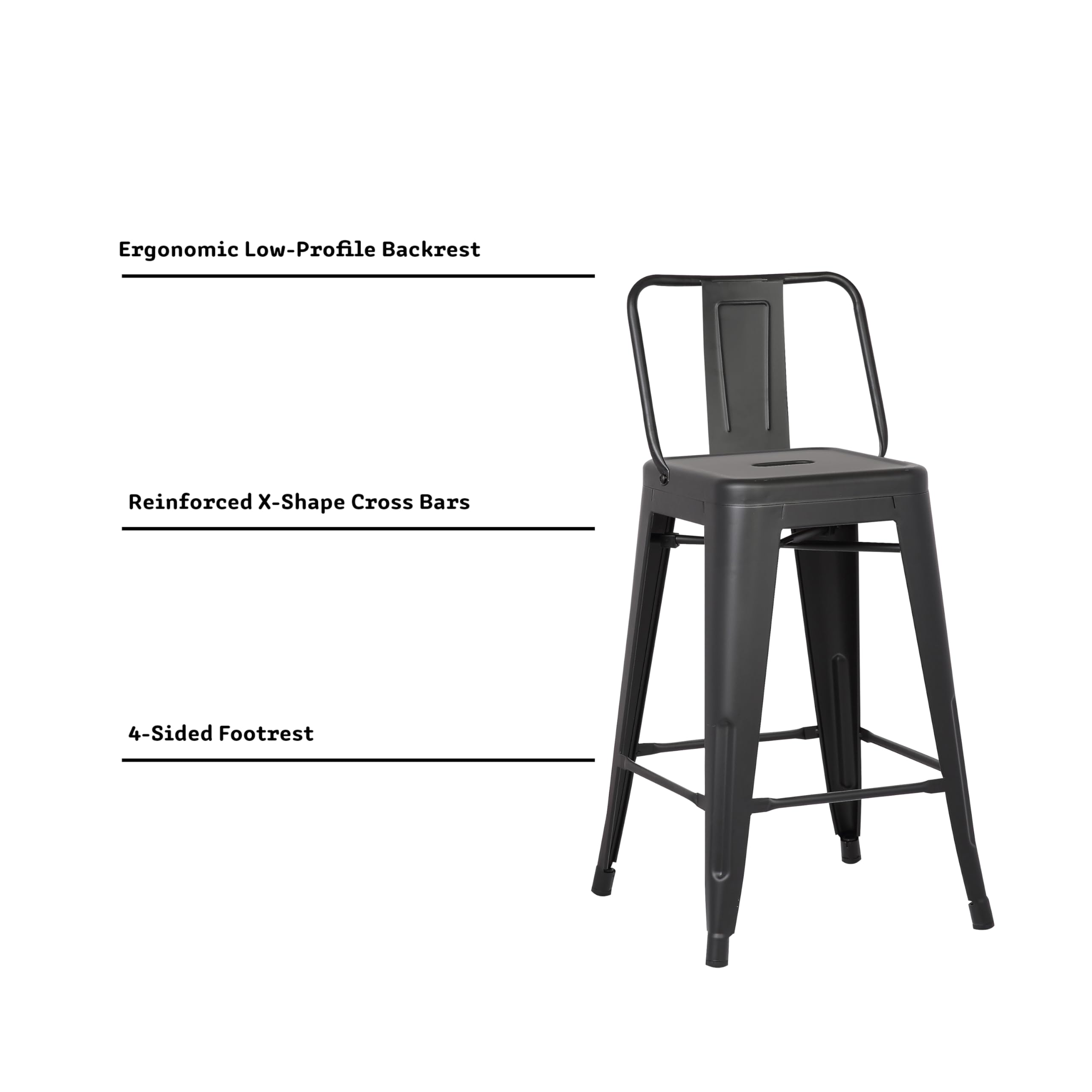 AC Pacific 24” Metal Barstool Set of 2 – Country Rustic Style with Low Back, Lightweight & Sturdy Build, Easy Assembly – Matte Black
