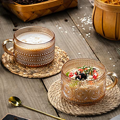 Gezzeny Amber Vintage Coffee Mugs Set of 2 - 14 Oz Embossed Glass Tea Cups for Cappuccino, Latte, Beverage & Gifts