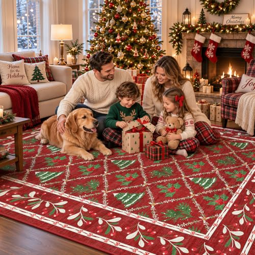 Yarooge 2' x 3' Christmas Red Area Rug - Non-Slip Holiday Foyer and Hallway Decor