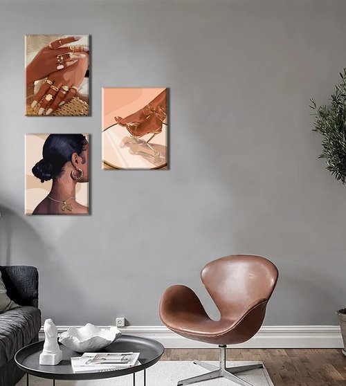 Julaydi Black Girl Wall Art Abstract African American Decor Posters Fashion Black Woman Canvas Prints Modern Black Female Painting Pictures for Bedroom Living Room Bathroom 16x24in Set of 3 Framed