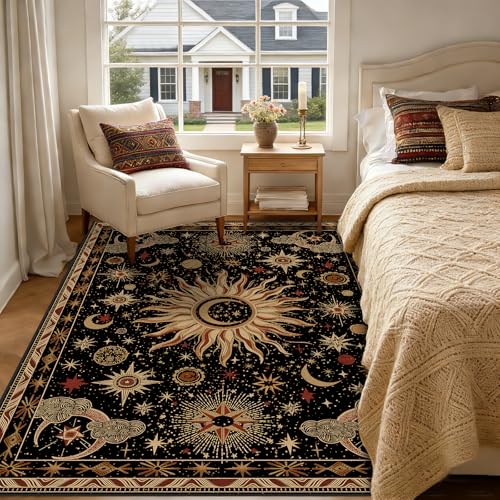 Sun and Moon Boho Area Rug 5x7, Washable Non-Slip Low Pile Gothic Floor Mat