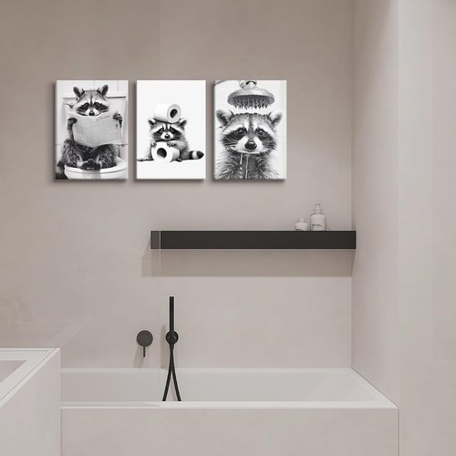 DCMVJHZV Funny Bathroom Wall Art - Cute Raccoon Canvas Decor | Black & White Farmhouse Prints (12"x16", Set of 3)