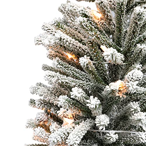 Puleo International 6' Flocked Fir Artificial Christmas Tree with 300 Clear Lights, Pine Cones, Green