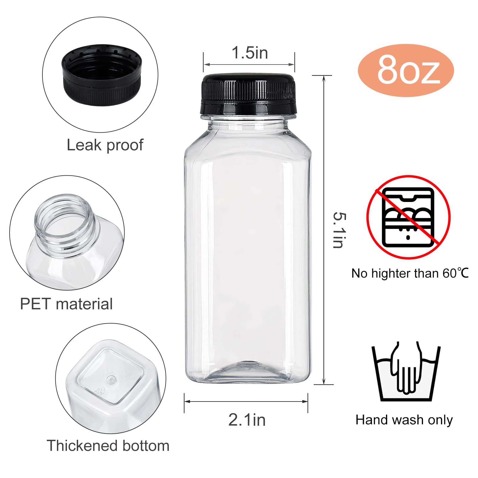 Fhxtcygj 24 Pack 8oz Empty PET Plastic Juice Bottles with Leak-Proof Caps Lids, Reusable Clear Water Bottle Food Grade Bulk Beverage Containers for Juicing Smoothie Milk and Other Beverages