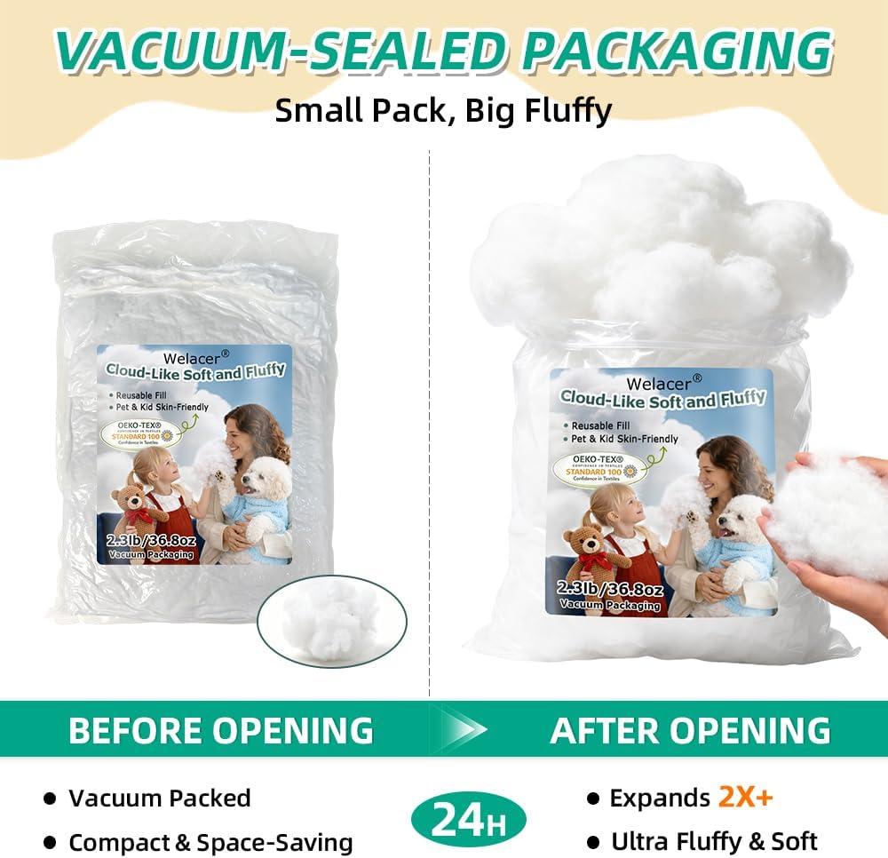 Welacer Polyfill Stuffing - Fluffy Pillow Filling for Stuffed Animals & DIY Crafts | 36.8oz Premium White Polyester