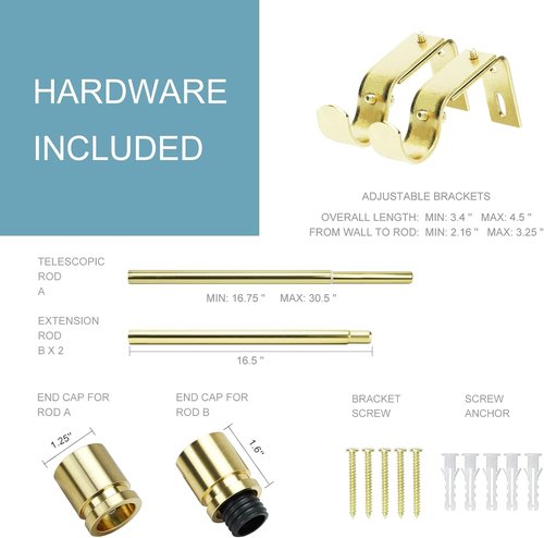 Byondeth Adjustable Curtain Rods - 16 to 60 Inches, 1 Inch Diameter, Elegant Gold Finish with Aluminium Finials