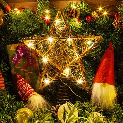 Natural Rattan Christmas Tree Topper Star with 10 Warm LED Lights, 10 Inch