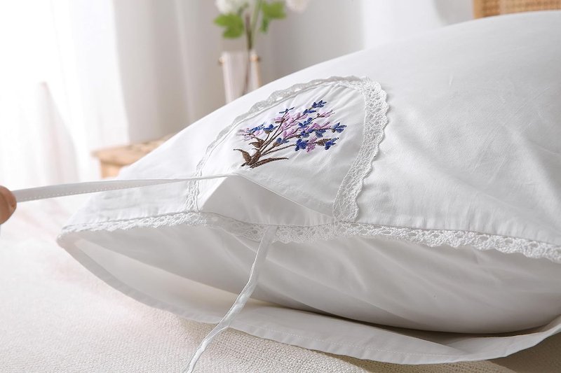 White Embroidery Pillowcases Lavender Flower Pillow Shams with lace 100% Cotton 2-Pack Twin Standard Size (26"x20")