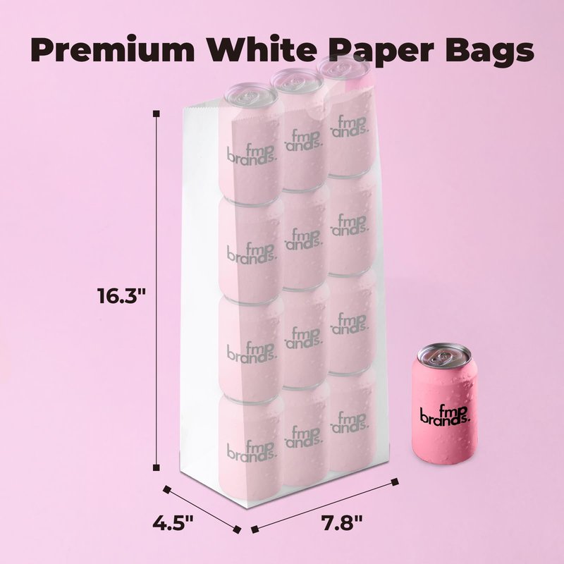 Fit Meal Prep 200 Pack 16 lb White Paper Lunch Bags, 16.3 x 7.8 x 4.5" Premium White Paper Bags Bulk for Small Business, Recyclable Snack Sacks, Durable Grocery Bag for Food Storage
