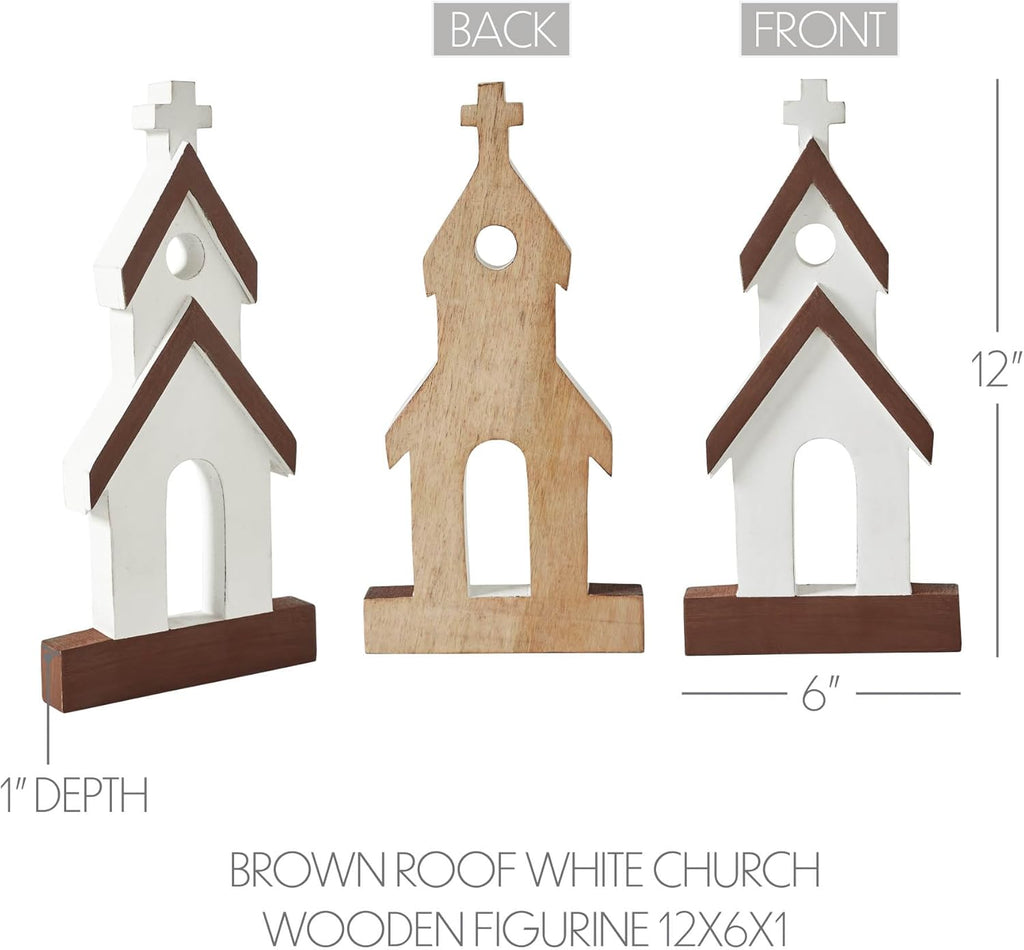 VHC Brands Wooden Church Figurine - Brown Roof Design | 12"x6"x1" Perfect Home Decor