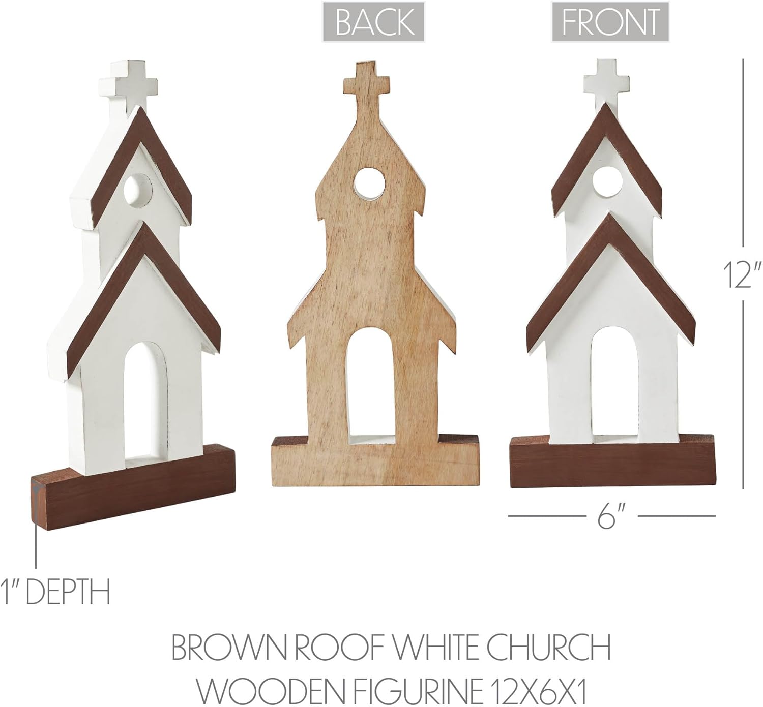 VHC Brands Wooden Church Figurine - Brown Roof Design | 12"x6"x1" Perfect Home Decor