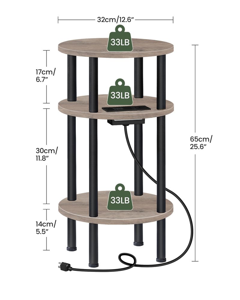 CHOEZON Small Round Side Table with Charging Station, Round End Accent Table, 3-Tier Sofa Side Table for Small Spaces, Nightstand for Living Room, Bedroom, Greige and Black TBZ06UFH
