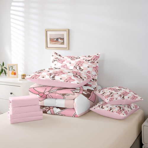 Feelyou Pink Western Bedding Set All Season Cowgirl Cowboy Boots Comforter Set 7 Pieces Cute Bowknot Dreamy Princess Style Bed in a Bag Full Size Plaid Bed Set with Comforter, Sheet Set, Pillowcases
