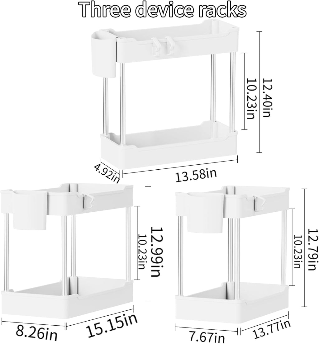 Skiennix 3-Pack Under Sink Organizers - 2-Tier Bathroom Cabinet Shelf with Hanging Cups | White