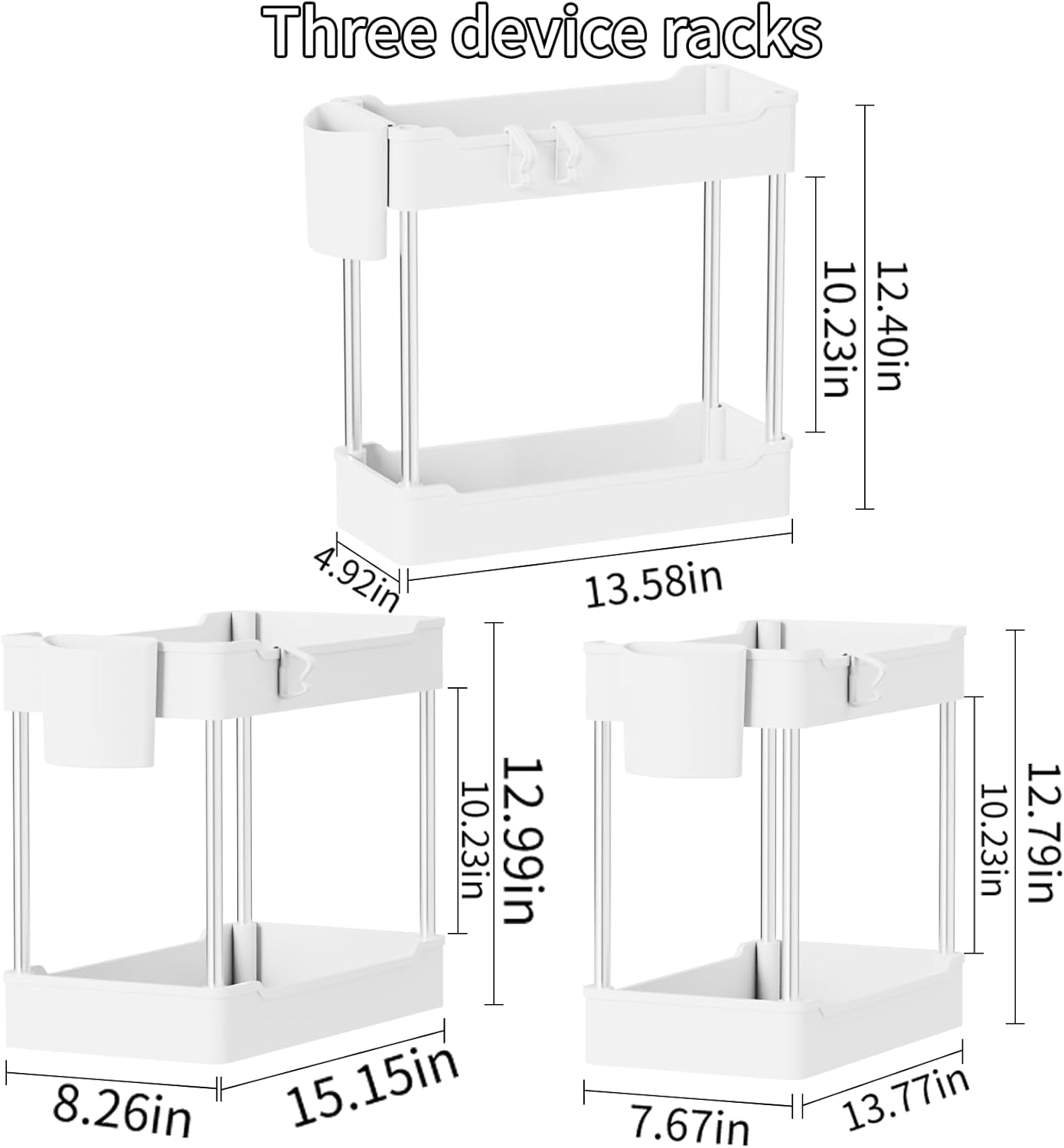 Skiennix 3-Pack Under Sink Organizers - 2-Tier Bathroom Cabinet Shelf with Hanging Cups | White