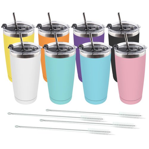 Amtidy 8 Pack 20oz Stainless Steel Tumbler with Lid, Powder Coated Vacuum Insulated Tumbler Cup, With straw and cleaning brushDouble Wall Coffee Tumbler, Powder Coated Travel Mug