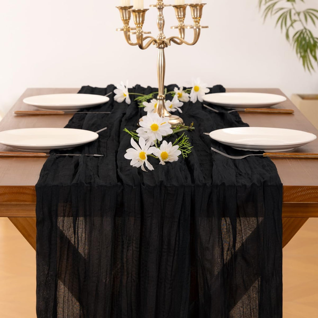 Socomi Black Cheesecloth Table Runner - 120 Inch Boho Rustic Gauze for Weddings & Events