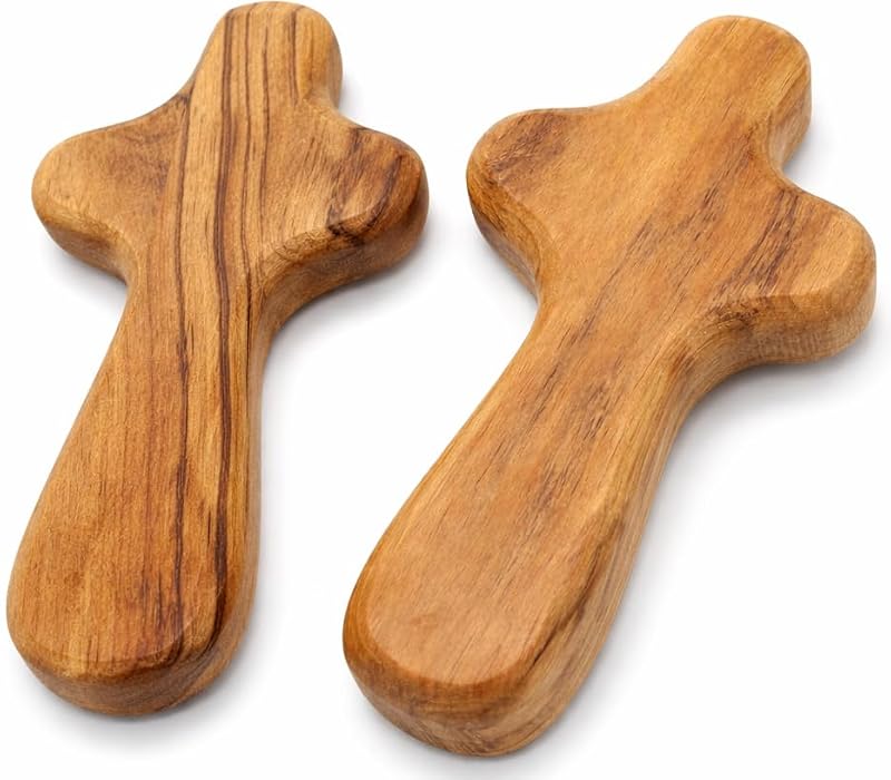 Small Olive Wood Pocket Comfort Crosses - Set of 2 Holy Land Prayer Crosses