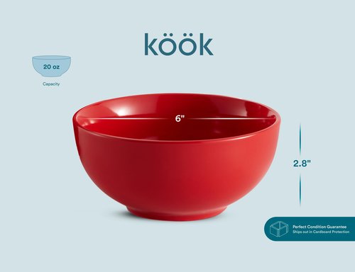 KooK Soup Bowls, Cereal Bowl, Ceramic, Bowls for Kitchen, Microwave, Dishwasher and Freezer Safe, Porcelain Dishes for Pasta, Salad, Oatmeal, Deep Interior, 20 oz, Set of 6, (Red)