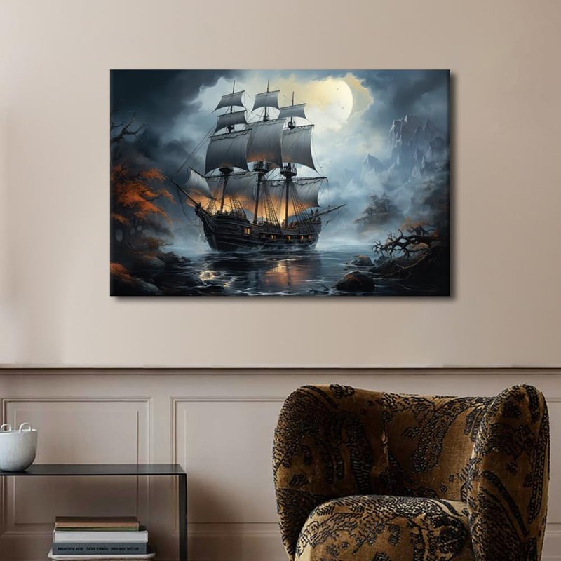 TUMOVO Sailboat Nautical Modern Wall Art Sea Landscape Picture Contemporary Artwork Pirate Ship in the Sea Print On Canvas Bedroom Wall Art Pictures for Living Room Framed Ready to Hang 36x24 in
