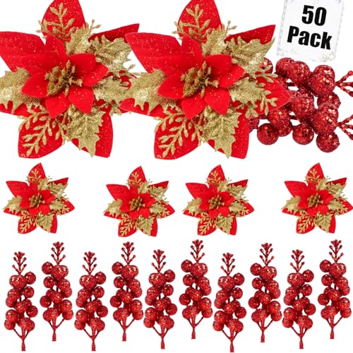 Trytuny 50pcs Glitter Poinsettia Ornaments with Clips Red - DIY Wreath & Christmas Tree Flowers