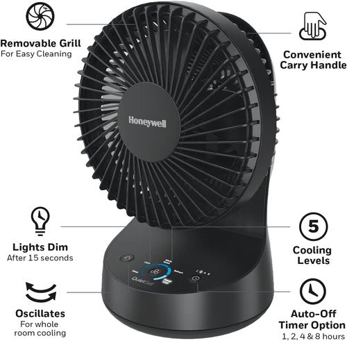 Honeywell QuietSet 5 Oscillating Table Fan - Compact Black Fan with 5 Power Levels for Quiet Comfort