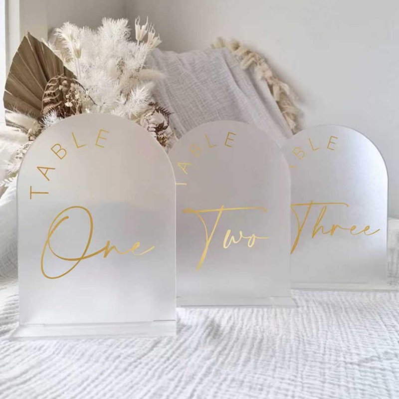 JINMURY Frosted Arch Wedding Table Numbers 1-10 with Stands, 5x7 Inch Acrylic Arch Sign with Golden Lettering, Frosted and Gold Table Numbers for Wedding Reception