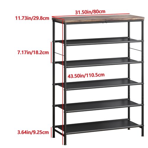 INGIORDAR Shoe Rack Organizer 6 Tier Metal Organizer Shelf with Industrial MDF Board and Layer Fabric for Entryway Closet Bedroom Living Room Garage,Black & Rustic Brown (Black+Rustic Brown, 6 Tier)