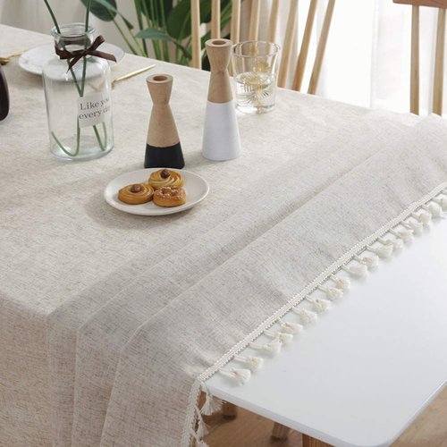 AMZALI Washable Cotton Linen Tablecloths Fabric Tassel Tablecloth Dust-Proof Table Cover for Kitchen Dinning Tabletop Home Decoration Everyday Use (Rectangle/Oblong, 55 x 102 Inch, Linen)