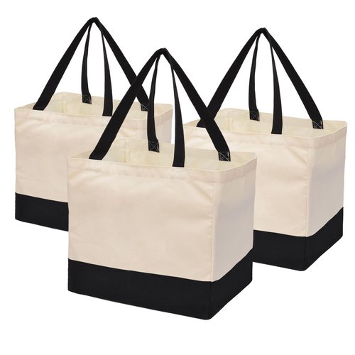 3 Pack Canvas Reusable Grocery Bags Heavy Duty, 8.3 gal Foldable Large Canvas Tote Bag with Handles, Holds 60 lbs Canvas Shopping Bags & Washable Eco-friendly Bags with 5 Pockets, Off white Black