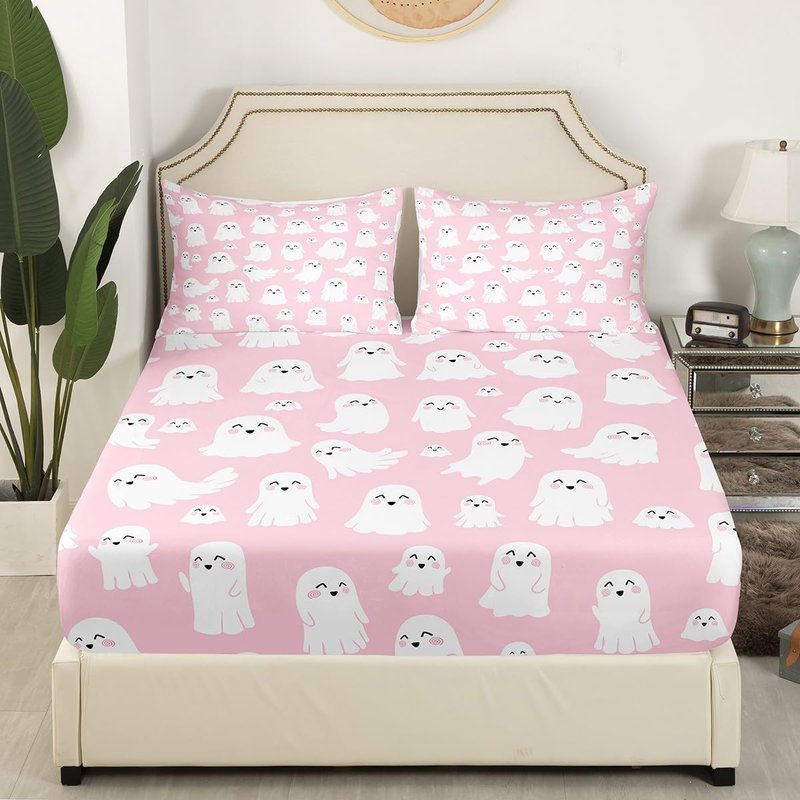 Feelyou Halloween Ghost Sheets Set Cute Pink Spooky King Size Bedding Set Decoration for Kids Boys Girls Cartoon Fitted Sheet Kawaii Lovely Bed Sheet Set Collection