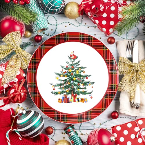 Homlouue Ceramic Christmas Tree Dinner Plates Set of 4, 10.5'' Christmas Tree & Santa Design, Red Plaid Edges