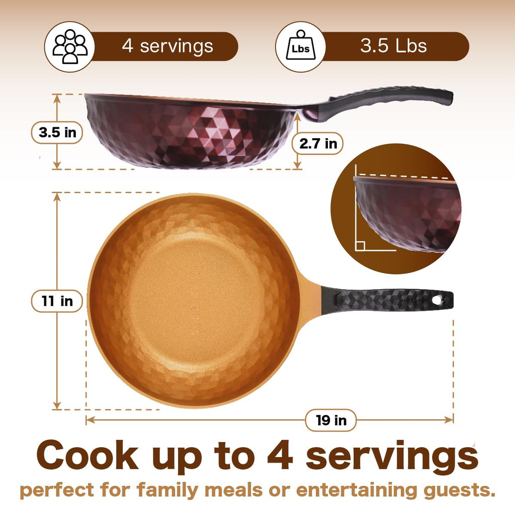 Diamond X Premium Non Stick Wok Pan - 11" Large Flat Bottom Chinese Wok - Woks & Stir-fry Pans Nonstick - Titanium-Coated 8-Layered Korean Engineered Skillet for Frying, Oil-Free, PFOA-Free