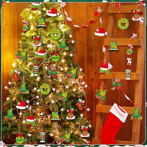 DoubleFill Classic 36 Pcs Wooden Christmas Ornaments - Lime Green & Red Tree Decorations