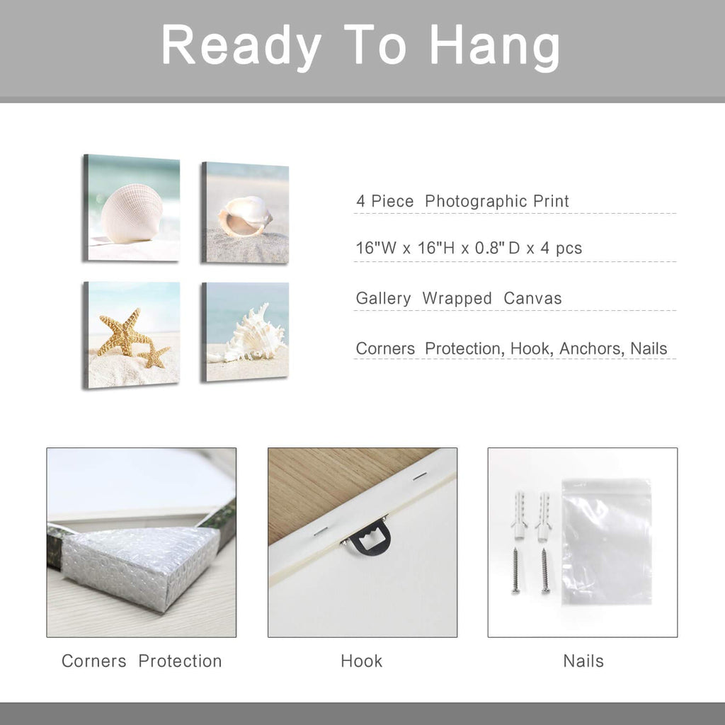 ARTISTIC PATH Starfish & Seashells Canvas Wall Art: Sandy Beach Seaside Graphic Artwork for Bathroom (16''W x 16''H x 4 Pcs,Multi-Sized)