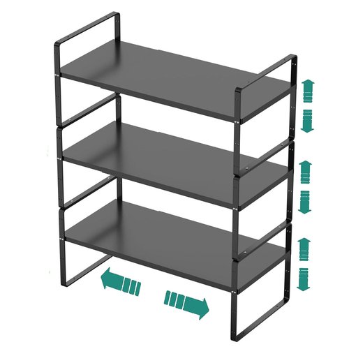 SUZLON Expandable Cabinet Shelf Organizer Rack, Stackable Kitchen Counter Storage Shelves Stand, Adjustable Height Pantry Shelf Spice Rack, Heavy Duty Nonslip Black Large 3Pack