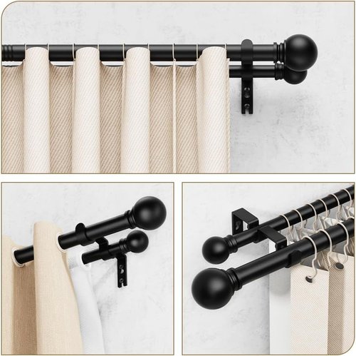 GXOACKJ Double Curtain Rods - Adjustable Heavy-Duty Drapery Rods for Windows 36-90 Inch | Black Finish
