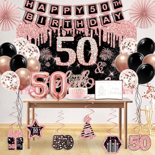 50th Birthday Decorations Kit for Women, Rose Gold Party Supplies Set