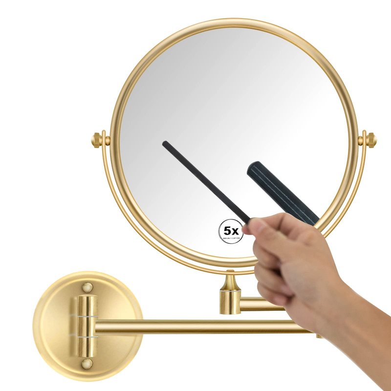 RECKODOR 8 Inch Bathroom Makeup Mirror Wall Mounted Gold, 360 Swivel Vanity Mirror with Magnification, Extendable Arm, 1X/5X Two-Sided, Brass Material, Brushed Light Gold