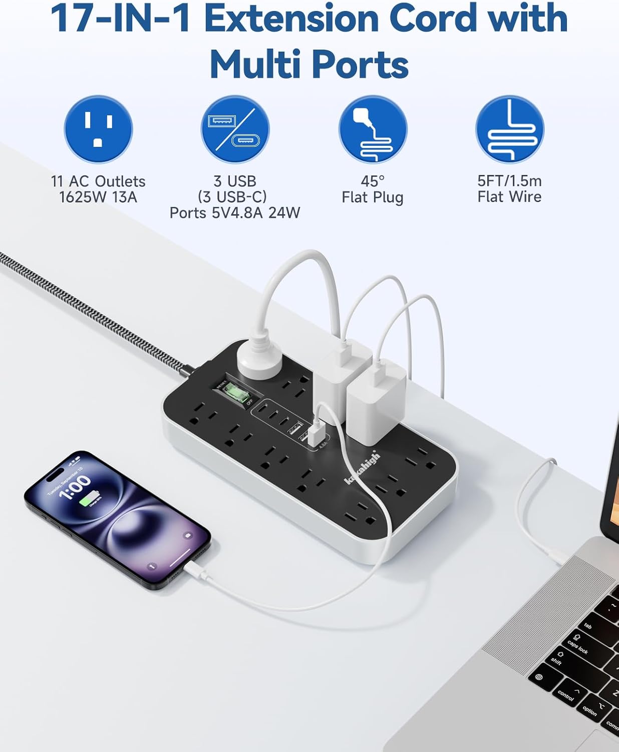 Skiennix Extension Cord with USB Ports - 5 FT Power Strip, 11 AC Outlets & 6 USB Ports for Home & Office