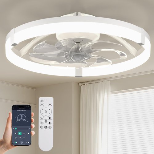 Passky 19.7” Low Profile Ceiling Fan with Lights and Remote, Dimmable LED Flush Mount Fandelier, 6 Speeds, 3000K–6000K, White Modern Ceiling Fan for Bedroom, Kitchen, Living Room