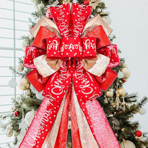 Large Red Christmas Tree Topper Bow - 45x12 Inch Wired Holiday Wreath Bow